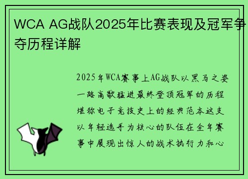 WCA AG战队2025年比赛表现及冠军争夺历程详解